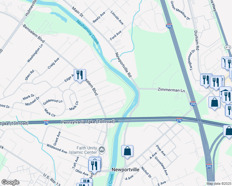 map of restaurants, bars, coffee shops, grocery stores, and more near 6425 Crescent Avenue in Bensalem