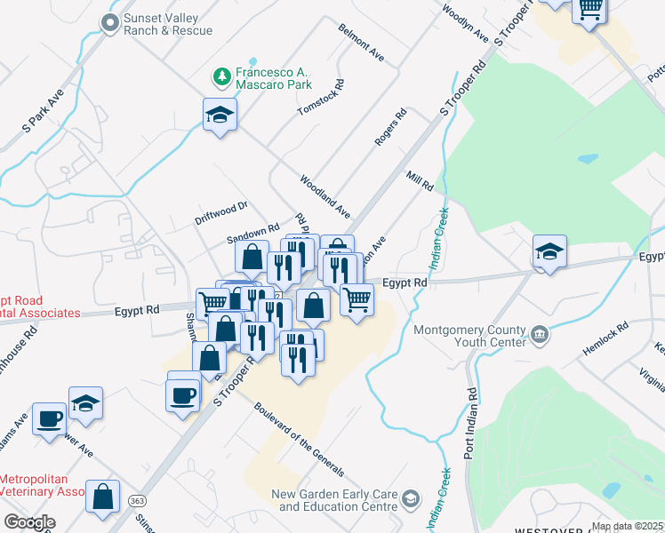 map of restaurants, bars, coffee shops, grocery stores, and more near 438 South Trooper Road in Eagleville