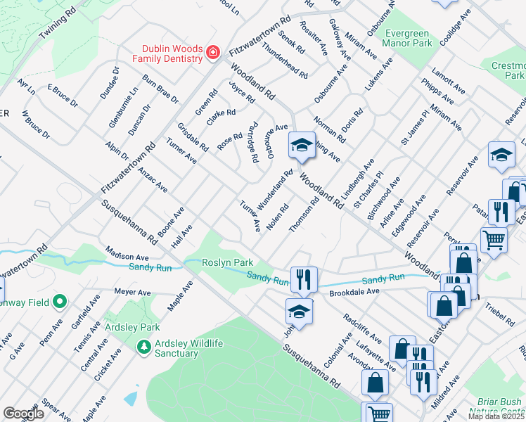 map of restaurants, bars, coffee shops, grocery stores, and more near 1247 Wunderland Road in Roslyn