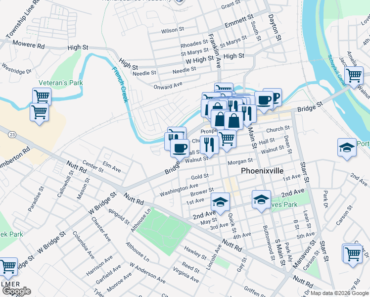 map of restaurants, bars, coffee shops, grocery stores, and more near 395 Bridge Street in Phoenixville