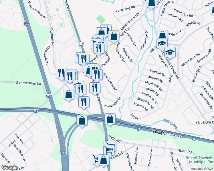 map of restaurants, bars, coffee shops, grocery stores, and more near 38 Plumtree Road in Levittown
