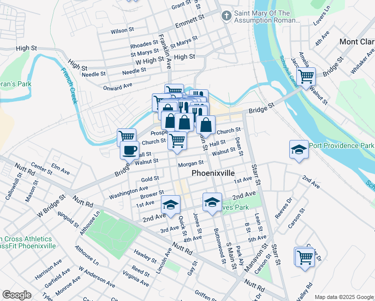 map of restaurants, bars, coffee shops, grocery stores, and more near 238 Hall Street in Phoenixville