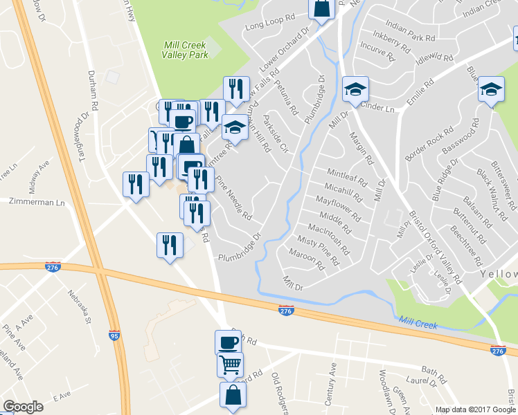 map of restaurants, bars, coffee shops, grocery stores, and more near 8 Peony Road in Levittown