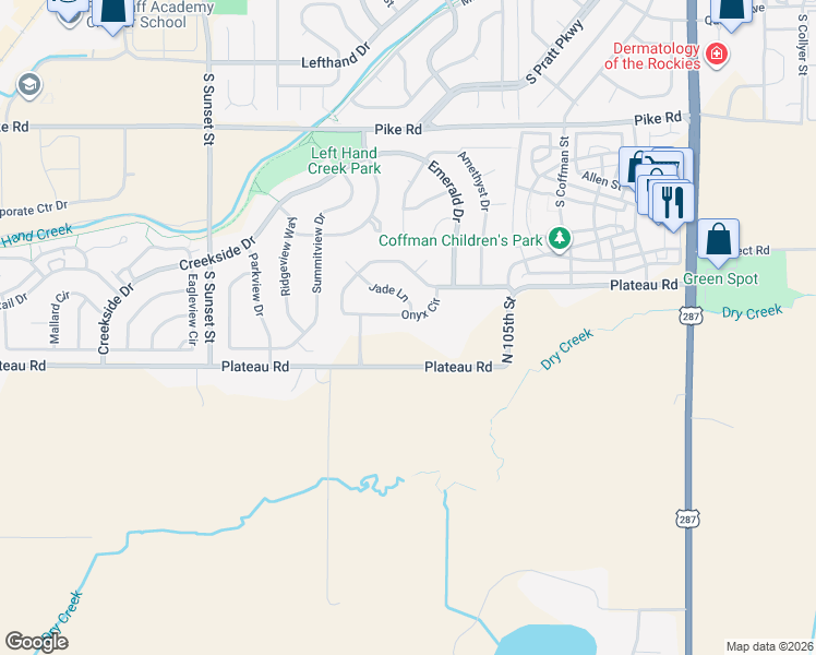 map of restaurants, bars, coffee shops, grocery stores, and more near 1510 Onyx Circle in Longmont