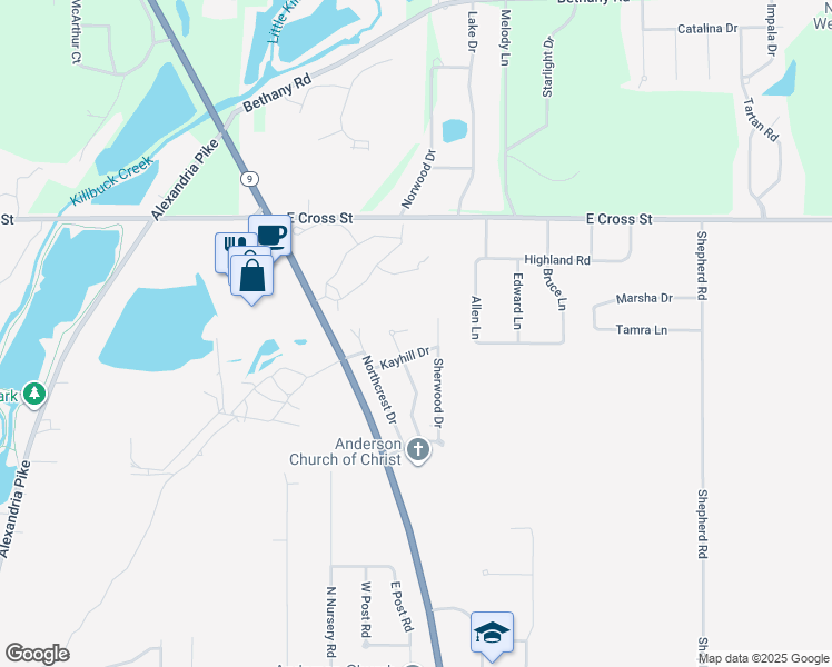 map of restaurants, bars, coffee shops, grocery stores, and more near 2212 Cottonwood Drive in Anderson