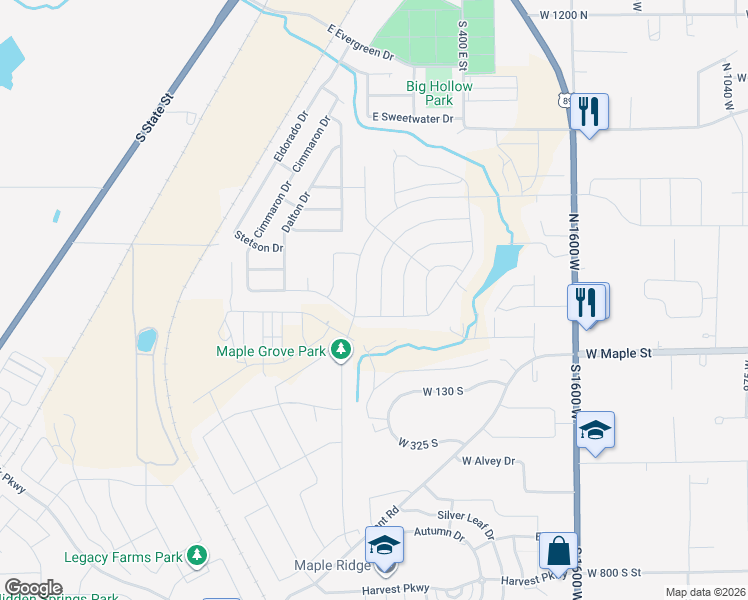 map of restaurants, bars, coffee shops, grocery stores, and more near 141 North Pinnacle Avenue in Springville
