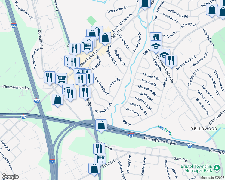 map of restaurants, bars, coffee shops, grocery stores, and more near 8 Peony Road in Levittown