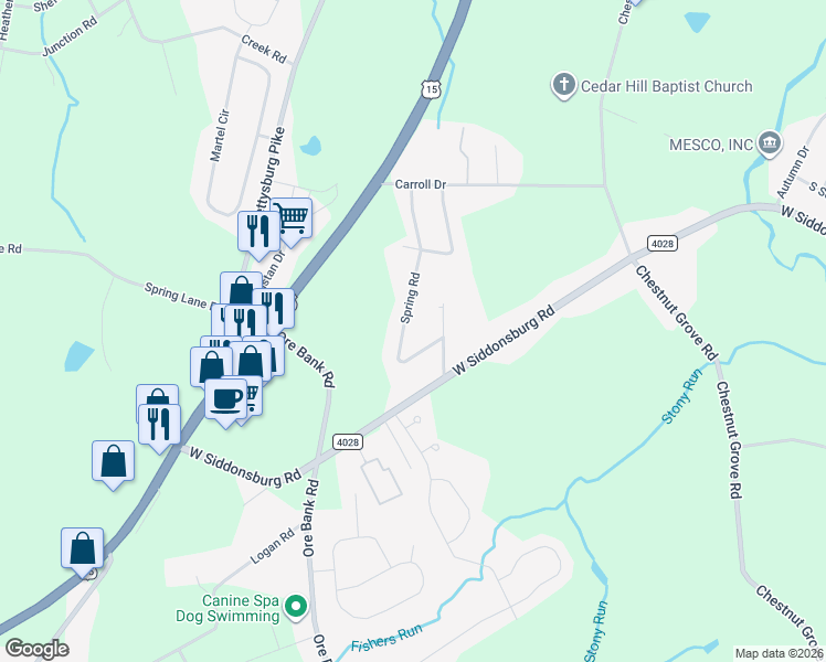 map of restaurants, bars, coffee shops, grocery stores, and more near 123 Spring Road in Dillsburg