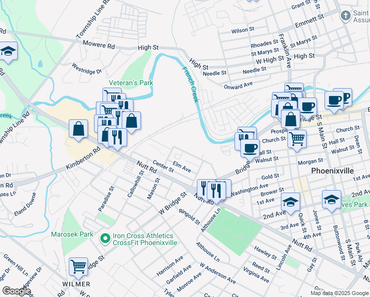map of restaurants, bars, coffee shops, grocery stores, and more near 723 Wheatland Street in Phoenixville