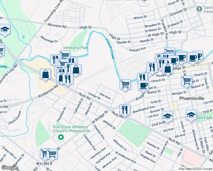 map of restaurants, bars, coffee shops, grocery stores, and more near 723 Wheatland Street in Phoenixville