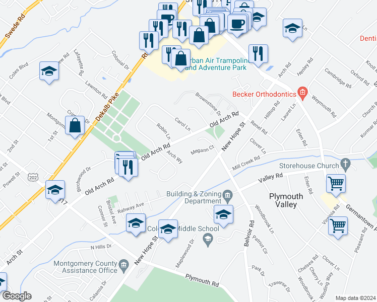 map of restaurants, bars, coffee shops, grocery stores, and more near 2322 Megann Court in Norristown