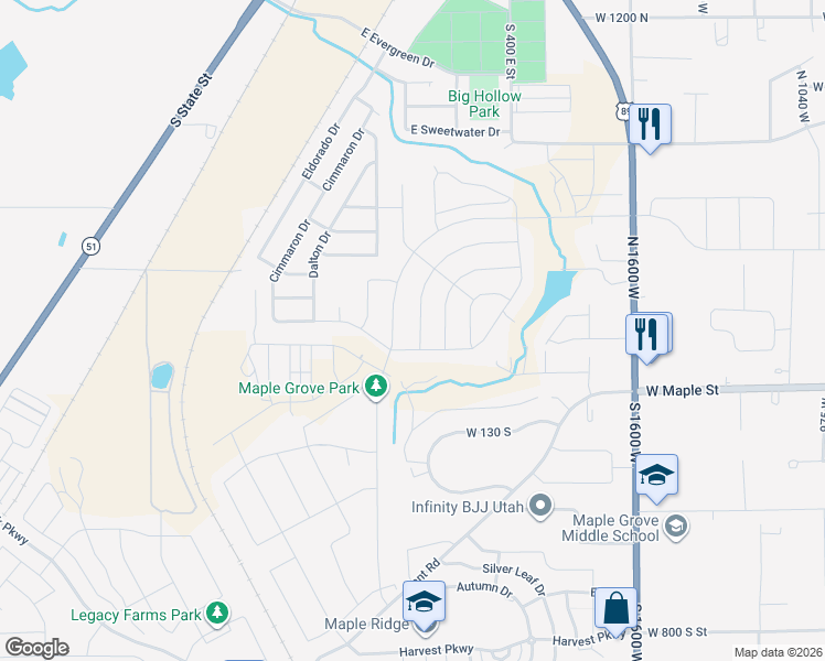 map of restaurants, bars, coffee shops, grocery stores, and more near 226 East 2525 South in Springville