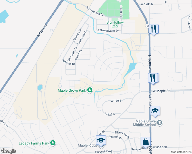 map of restaurants, bars, coffee shops, grocery stores, and more near 226 East 2525 South in Springville