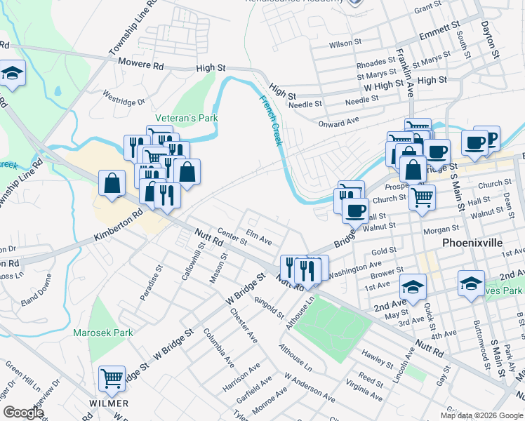 map of restaurants, bars, coffee shops, grocery stores, and more near 701-799 Mason Street in Phoenixville