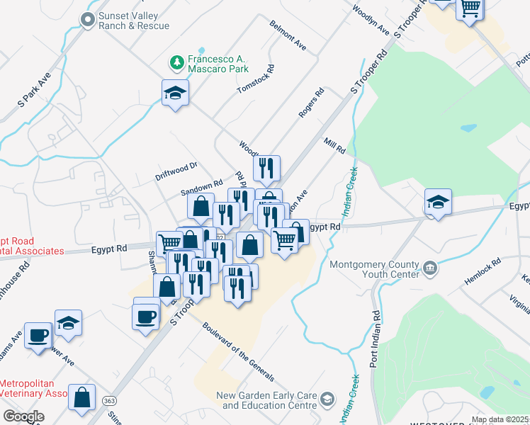 map of restaurants, bars, coffee shops, grocery stores, and more near 438 South Trooper Road in Eagleville