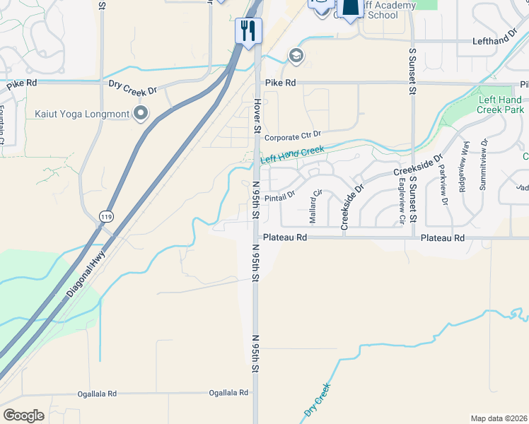 map of restaurants, bars, coffee shops, grocery stores, and more near 2271 Watersong Circle in Longmont