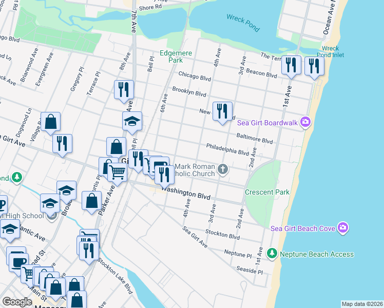 map of restaurants, bars, coffee shops, grocery stores, and more near 414 Philadelphia Boulevard in Sea Girt