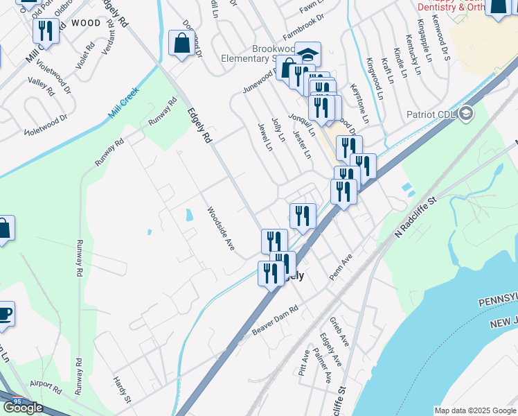 map of restaurants, bars, coffee shops, grocery stores, and more near 2016 Edgely Road in Levittown