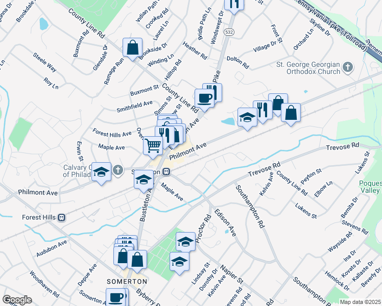 map of restaurants, bars, coffee shops, grocery stores, and more near 550 Southampton Road in Philadelphia