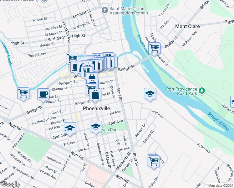 map of restaurants, bars, coffee shops, grocery stores, and more near 109 Starr Street in Phoenixville