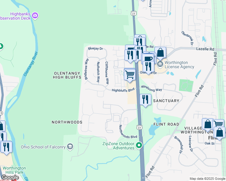 map of restaurants, bars, coffee shops, grocery stores, and more near 8330 Cliffthorne Way in Columbus