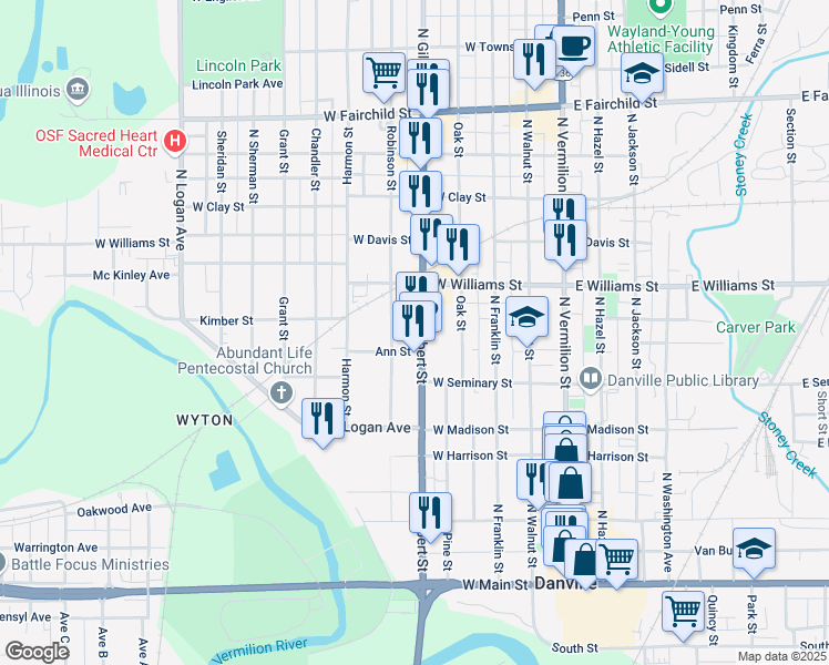 map of restaurants, bars, coffee shops, grocery stores, and more near 400-498 N Gilbert St in Danville
