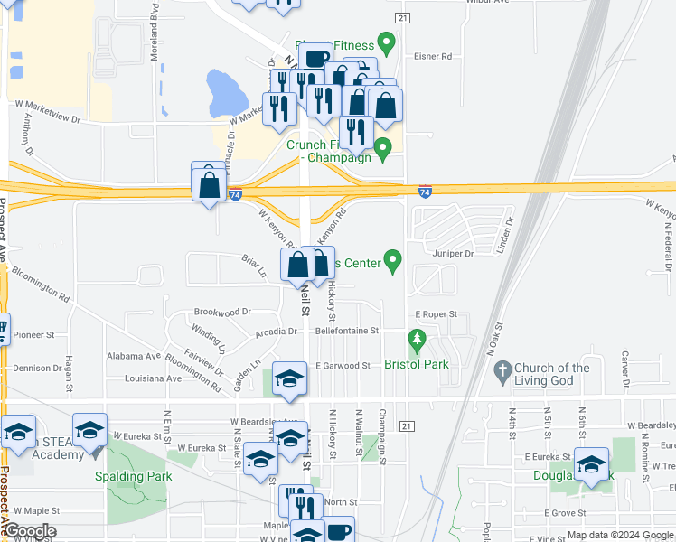 map of restaurants, bars, coffee shops, grocery stores, and more near 24 Leichner Drive in Champaign
