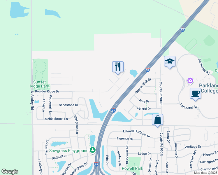 map of restaurants, bars, coffee shops, grocery stores, and more near 1507 Greyrock Lane in Champaign