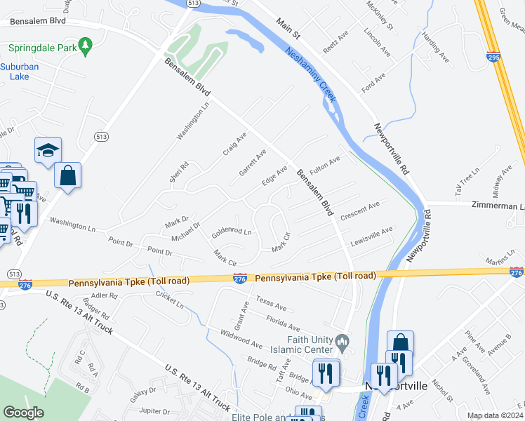 map of restaurants, bars, coffee shops, grocery stores, and more near 6175 Edge Avenue in Bensalem