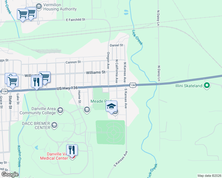 map of restaurants, bars, coffee shops, grocery stores, and more near 2805 East Main Street in Danville