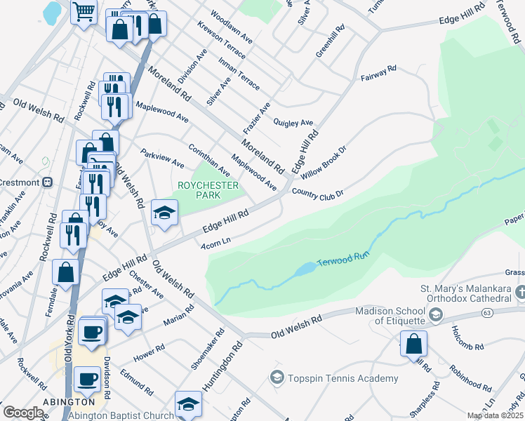 map of restaurants, bars, coffee shops, grocery stores, and more near 1907 Edge Hill Road in Abington