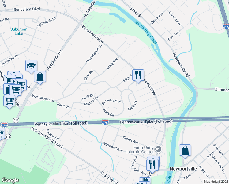 map of restaurants, bars, coffee shops, grocery stores, and more near 6130 Edge Avenue in Bensalem