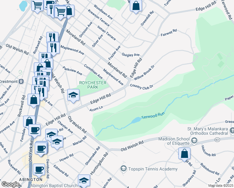 map of restaurants, bars, coffee shops, grocery stores, and more near 1907 Edge Hill Road in Abington