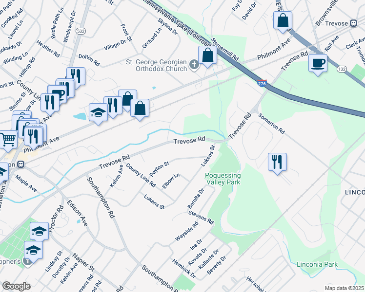 map of restaurants, bars, coffee shops, grocery stores, and more near 117 Trevose Road in Feasterville-Trevose