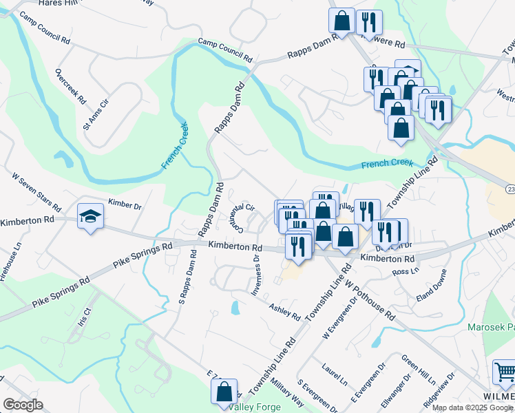 map of restaurants, bars, coffee shops, grocery stores, and more near 1423 Continental Circle in Phoenixville