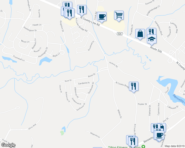 map of restaurants, bars, coffee shops, grocery stores, and more near 1 Rose Drive in Jackson