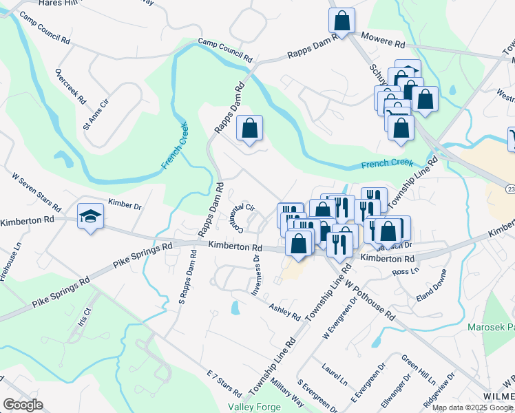 map of restaurants, bars, coffee shops, grocery stores, and more near 1423 Continental Circle in Phoenixville