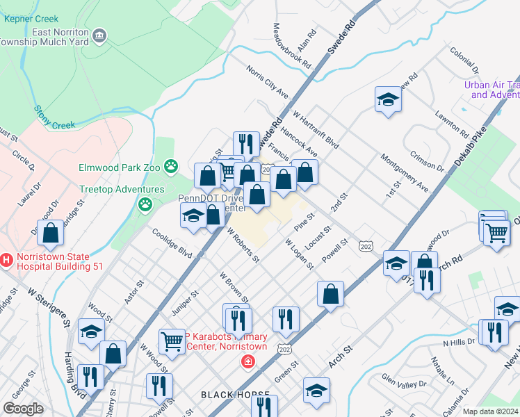 map of restaurants, bars, coffee shops, grocery stores, and more near 1800 Markley Street in Norristown