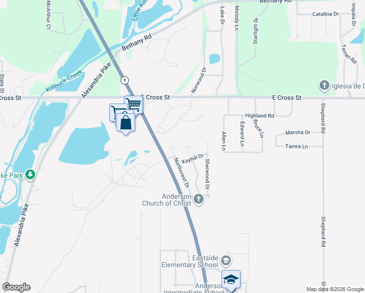 map of restaurants, bars, coffee shops, grocery stores, and more near 1611 Cottonwood Dr in Anderson
