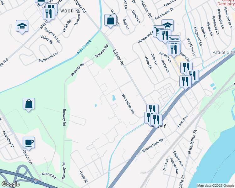 map of restaurants, bars, coffee shops, grocery stores, and more near 50B Woodside Avenue in Levittown