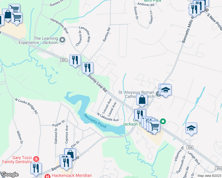 map of restaurants, bars, coffee shops, grocery stores, and more near 60 North County Line Road in Jackson Township