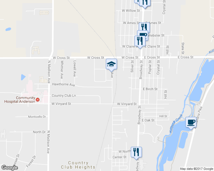 map of restaurants, bars, coffee shops, grocery stores, and more near 318 Hawthorne Avenue in Anderson