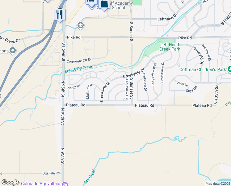 map of restaurants, bars, coffee shops, grocery stores, and more near 2239 Bluebird Drive in Longmont