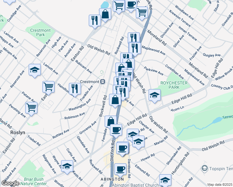 map of restaurants, bars, coffee shops, grocery stores, and more near 1711 Ferndale Avenue in Montgomery County