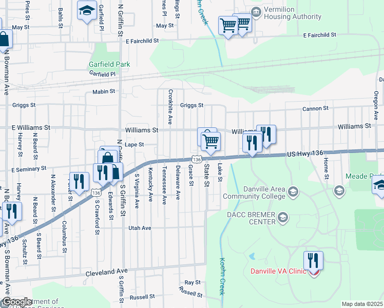 map of restaurants, bars, coffee shops, grocery stores, and more near 12 Stroup Street in Danville