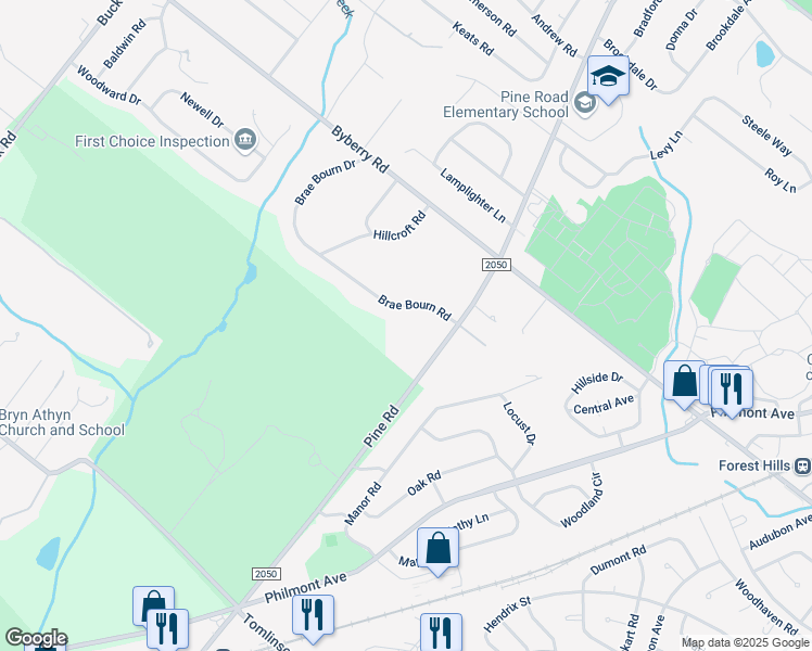 map of restaurants, bars, coffee shops, grocery stores, and more near 250 Brae Bourn Road in Montgomery County