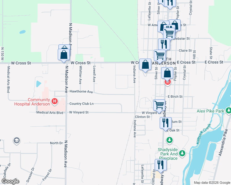 map of restaurants, bars, coffee shops, grocery stores, and more near 514 Hawthorne Avenue in Anderson