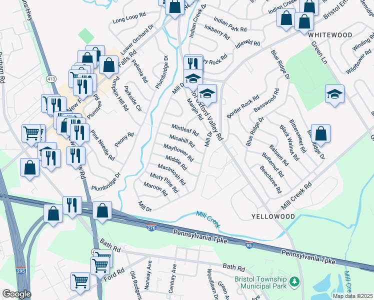 map of restaurants, bars, coffee shops, grocery stores, and more near 22 Mayflower Road in Levittown