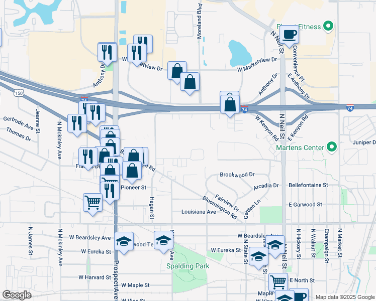 map of restaurants, bars, coffee shops, grocery stores, and more near 33 Edgebrook Drive in Champaign