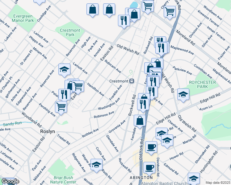 map of restaurants, bars, coffee shops, grocery stores, and more near Franklin Avenue in Willow Grove